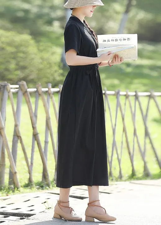 100% black linen dresses tie waist long summer stand collar Dress