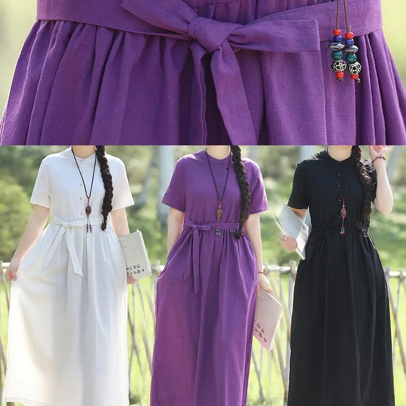 100% black linen dresses tie waist long summer stand collar Dress