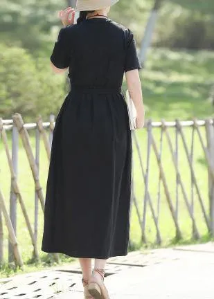 100% black linen dresses tie waist long summer stand collar Dress