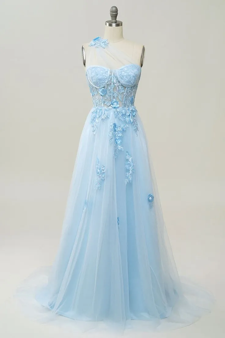 A Line One Shoulder Sky Blue Long Prom Dress with Appliques        fg4713