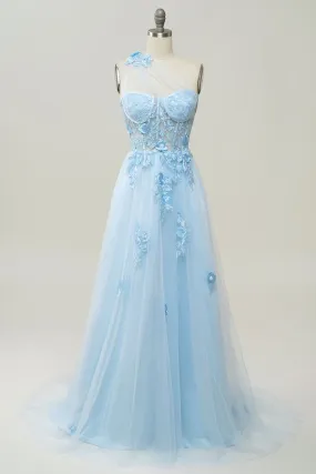 A Line One Shoulder Sky Blue Long Prom Dress with Appliques        fg4713