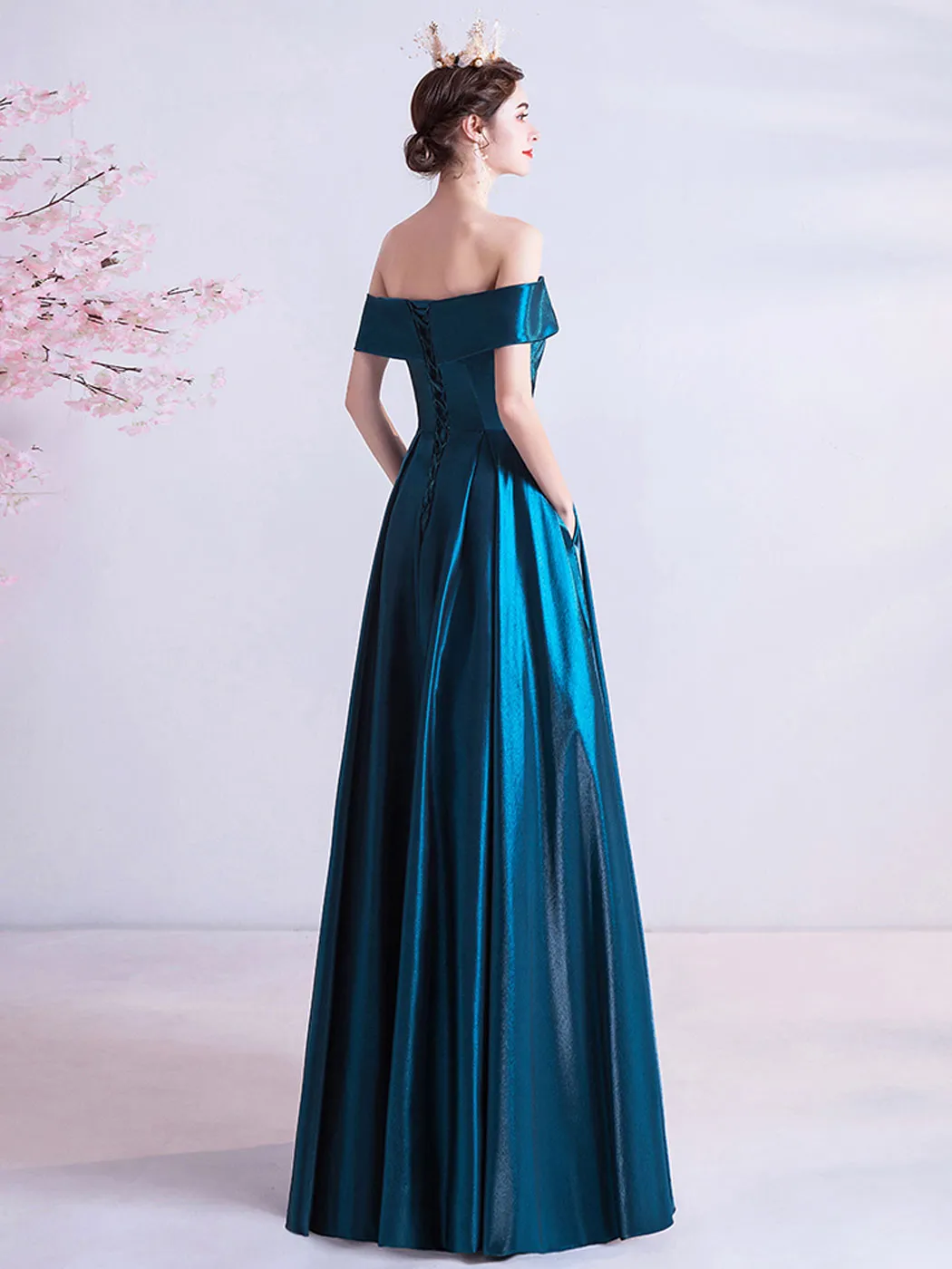 A-Line Sweetheart Neck Satin Blue Long Prom Dress, Blue Evening Dresses