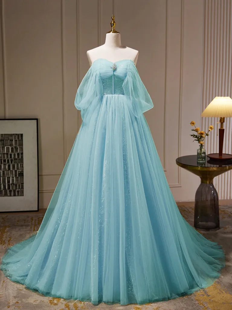 A-Line Sweetheart Neck Tulle Green Long Prom Dress, Green Tulle Long Evening Dress