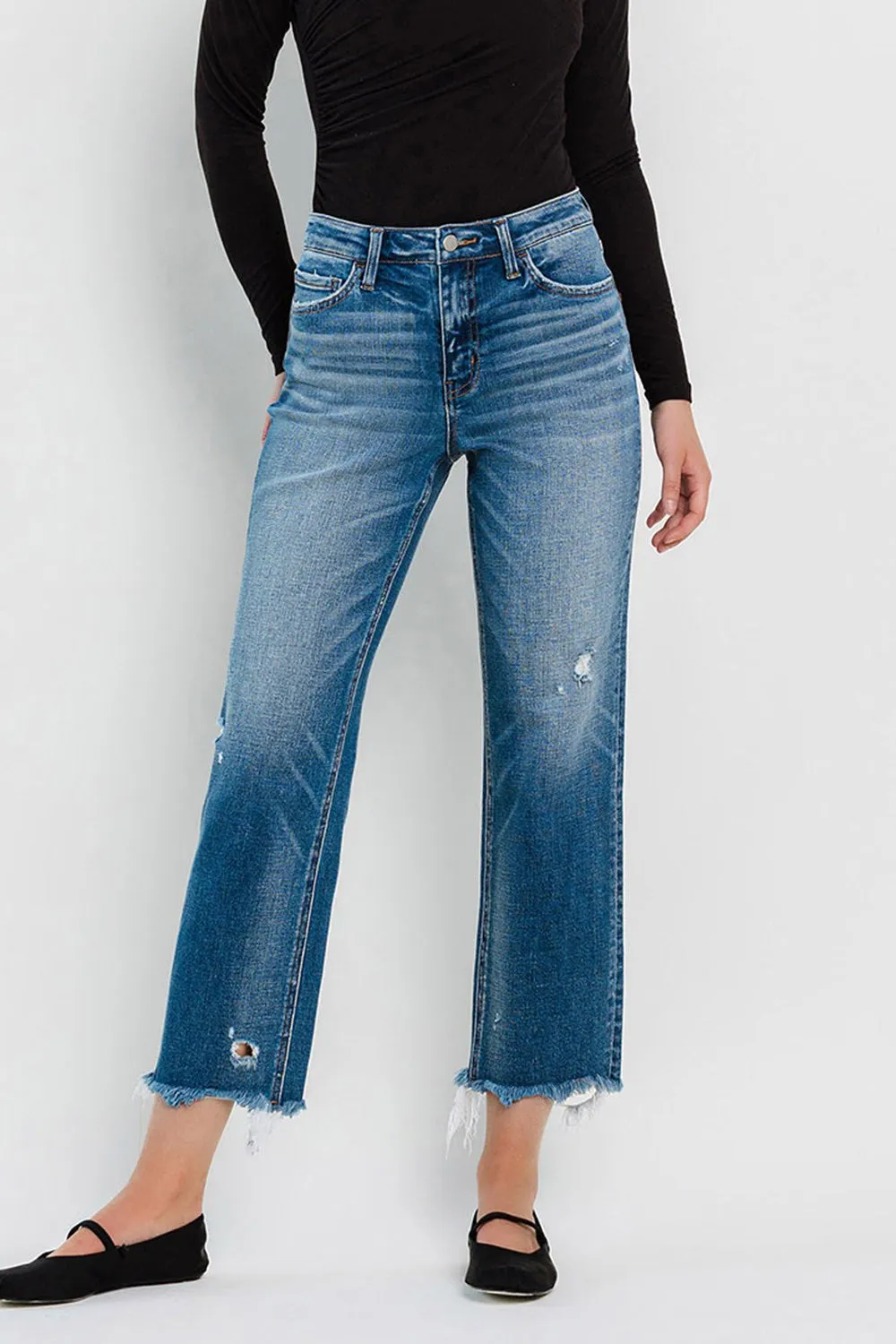 Admire High Rise Frayed Hem Crop Denim Jeans by Flying Monkey