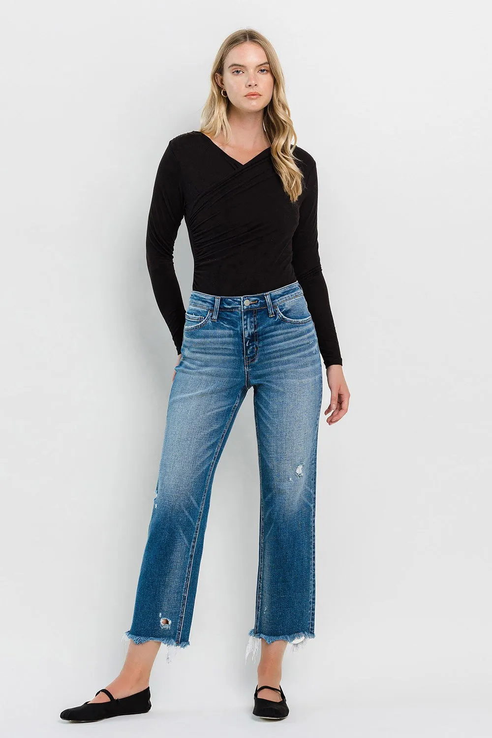 Admire High Rise Frayed Hem Crop Denim Jeans by Flying Monkey