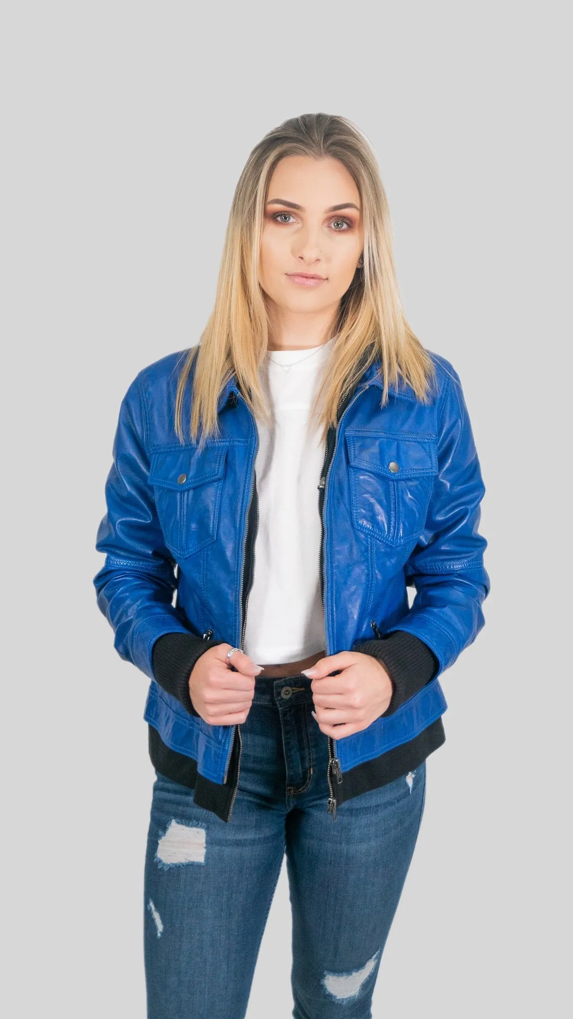 Annalise Womens Leather Jacket Spring Blue