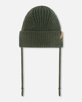 Baby Knit Hat With Strings- Forest Green