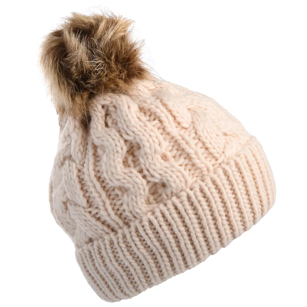 Barbour Hats Penshaw Cable Knit Faux Fur Pom Bobble Hat - Blush