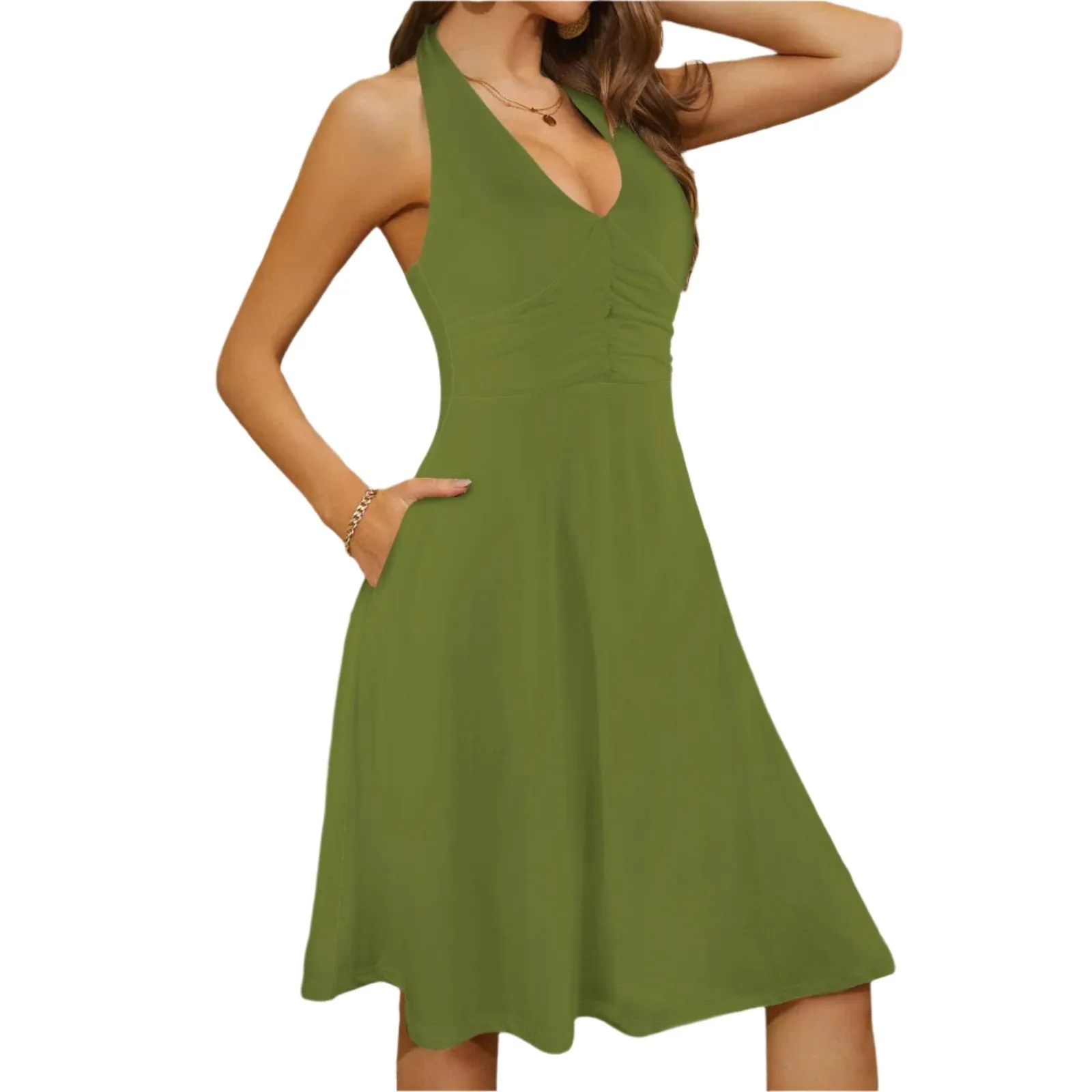 Beauitful Solid Olive Green Halter Dresses | Multicolor Halter Dress Collection