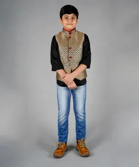 Beige Cotton Jute Fabric Waist Coat Set for 10 Year Old Boy