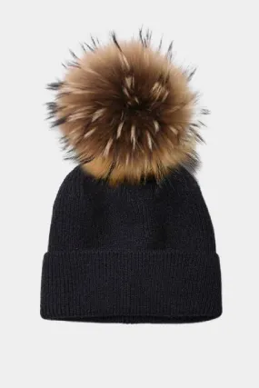 Black Cashmere Blend Beanie w Real Fur Pom