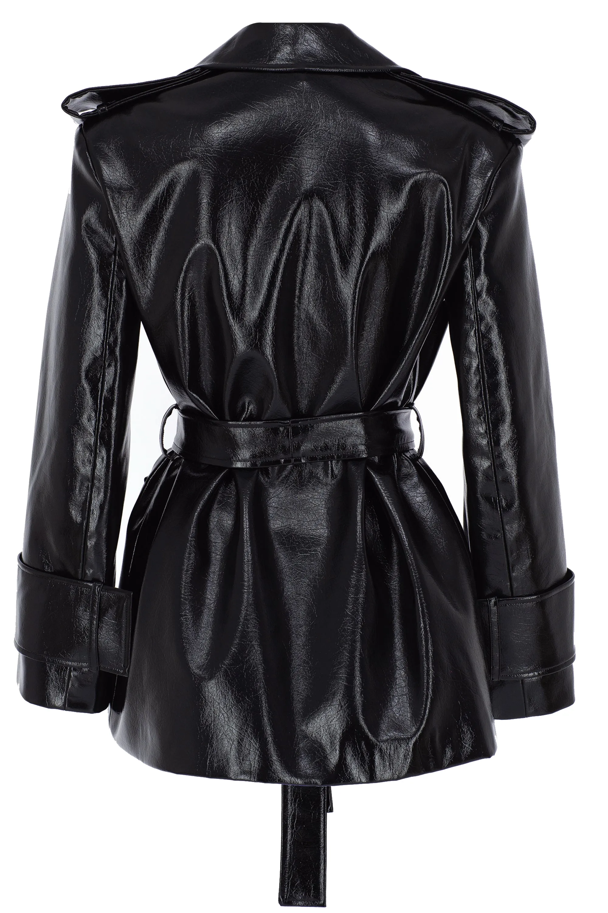 BLACK CRACK LEATHER SHOULDER DETAILED JACKET WITH TIE-DETAIL