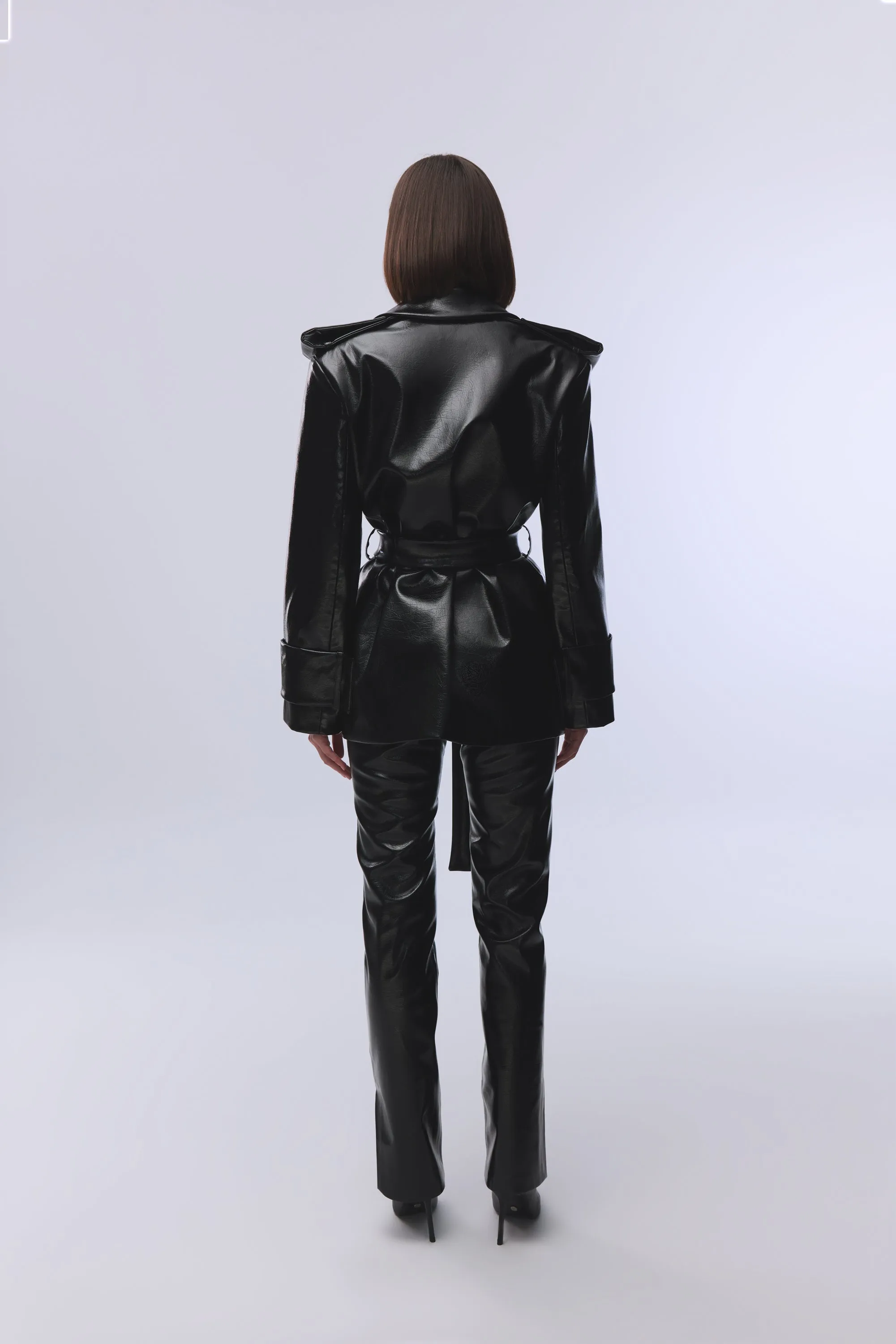 BLACK CRACK LEATHER SHOULDER DETAILED JACKET WITH TIE-DETAIL