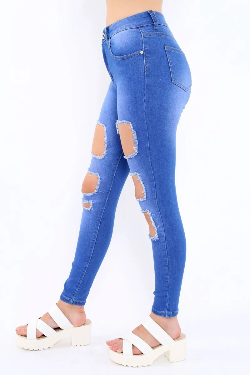 Blue Denim Ripped High Waist Skinny Jeans - Emlynn