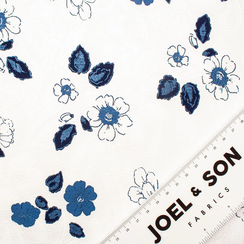 Blue Floral Printed Microfibre Piqué Fabric