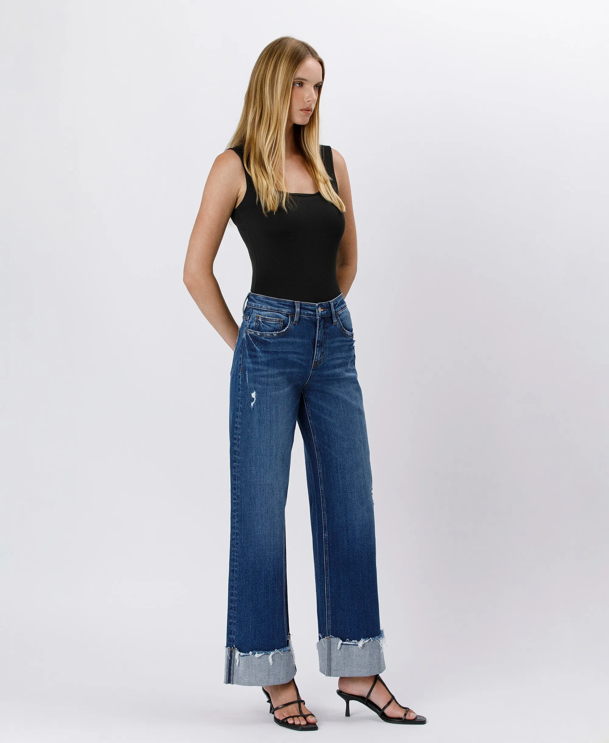 Blue Stream - High Rise Cuffed Baggy Wide Leg Jeans