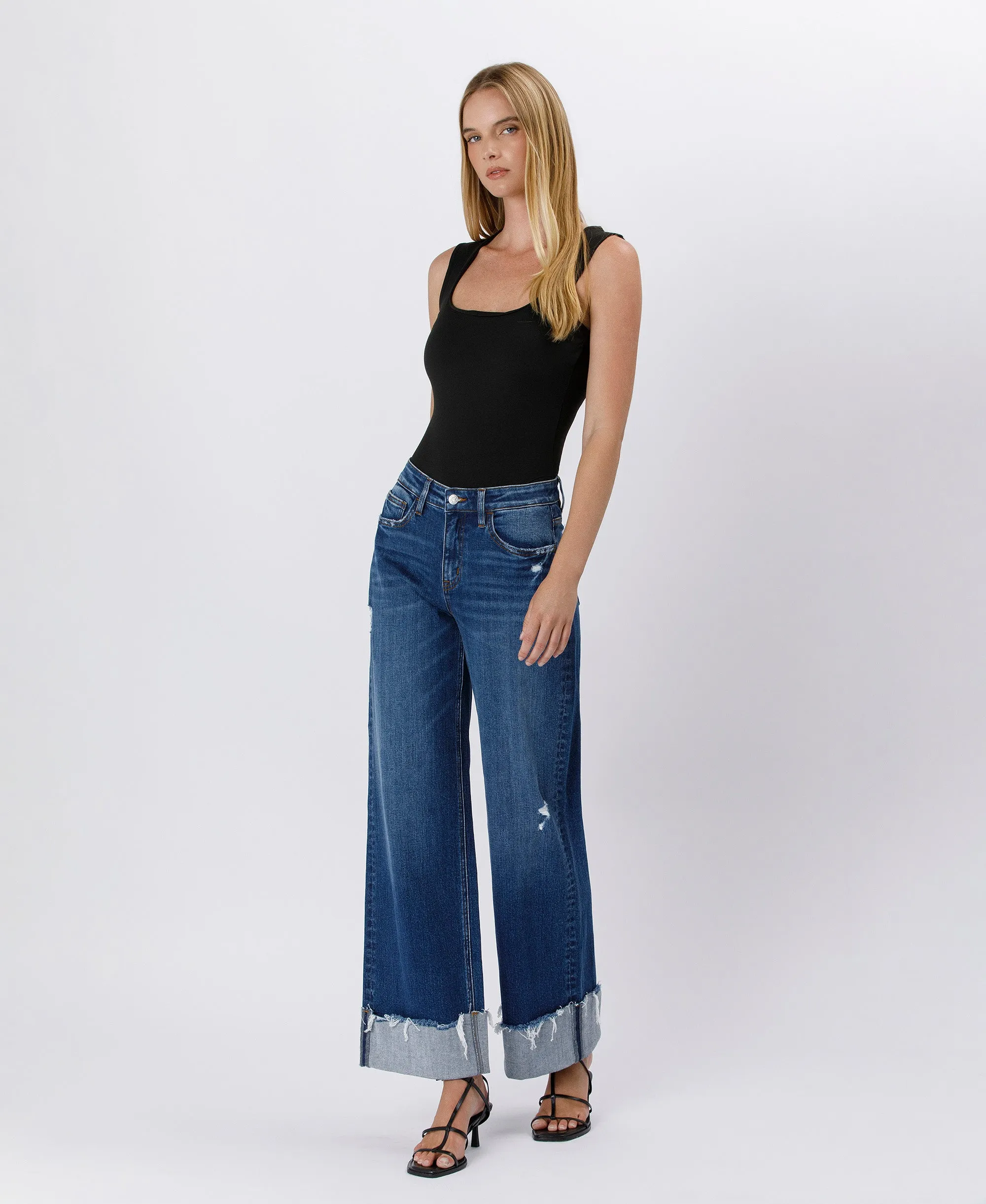 Blue Stream - High Rise Cuffed Baggy Wide Leg Jeans