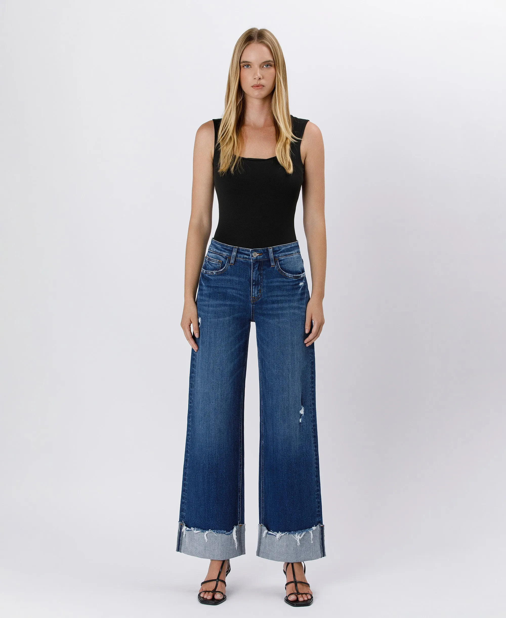 Blue Stream - High Rise Cuffed Baggy Wide Leg Jeans