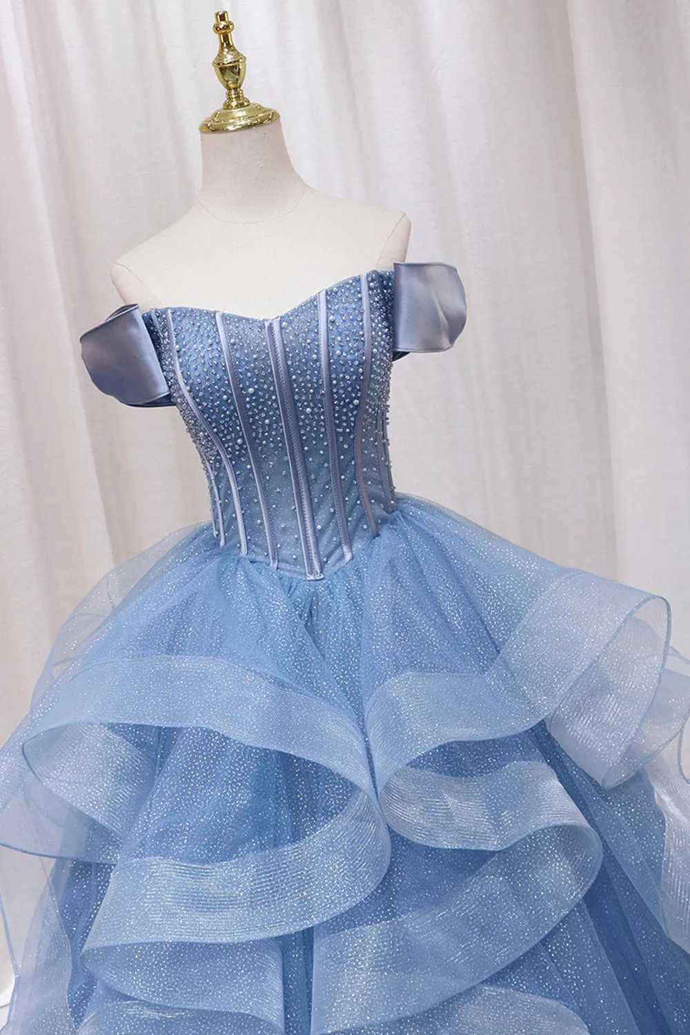 Blue Tulle Layers Long Prom Gown, A-Line Blue Evening Dress