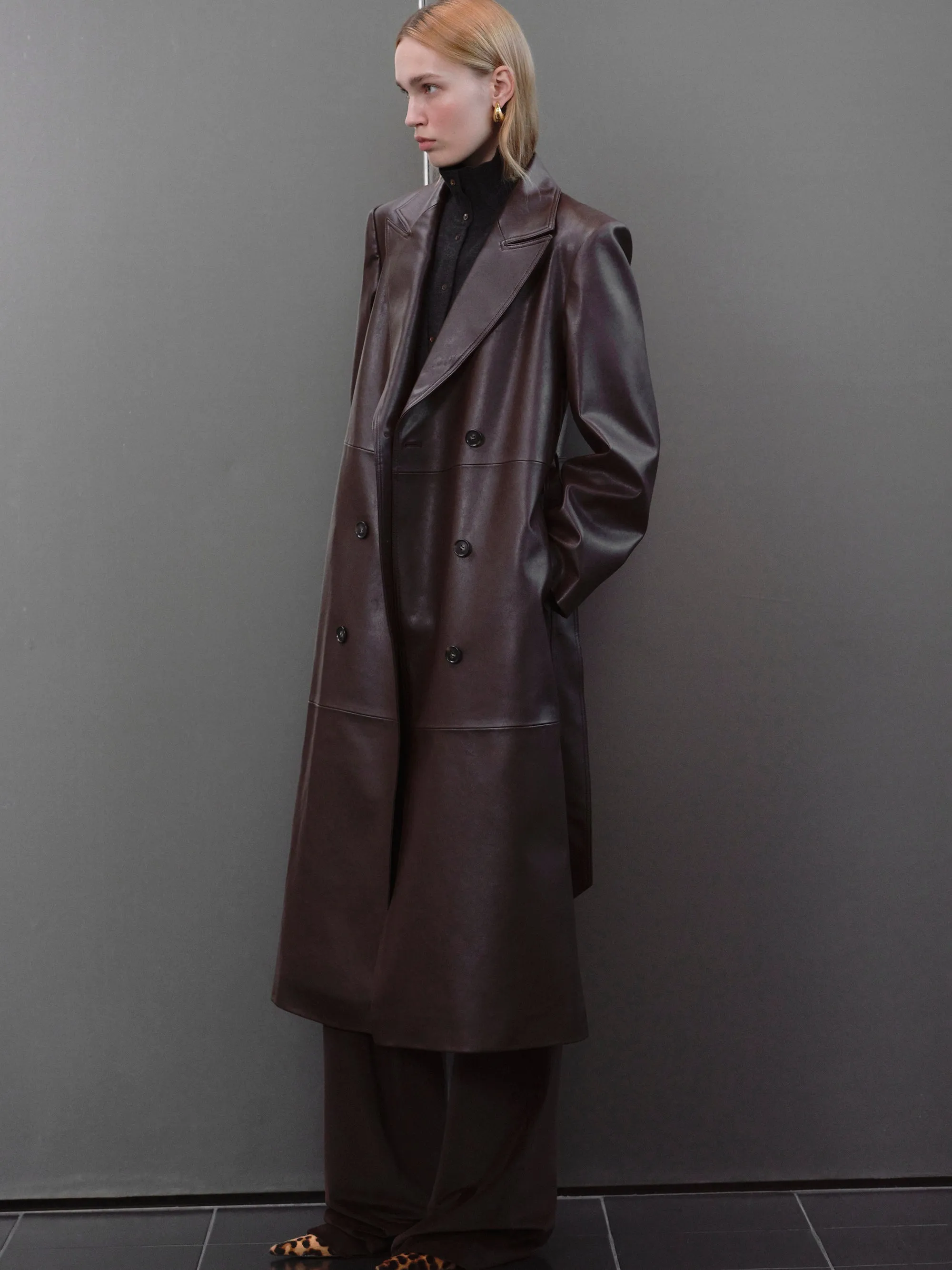 Briella Leather Trench Coat, Aubergine