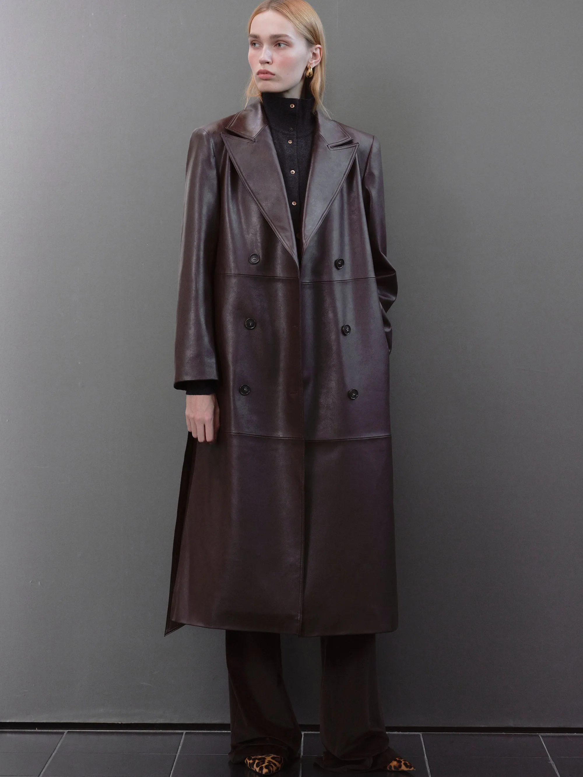 Briella Leather Trench Coat, Aubergine