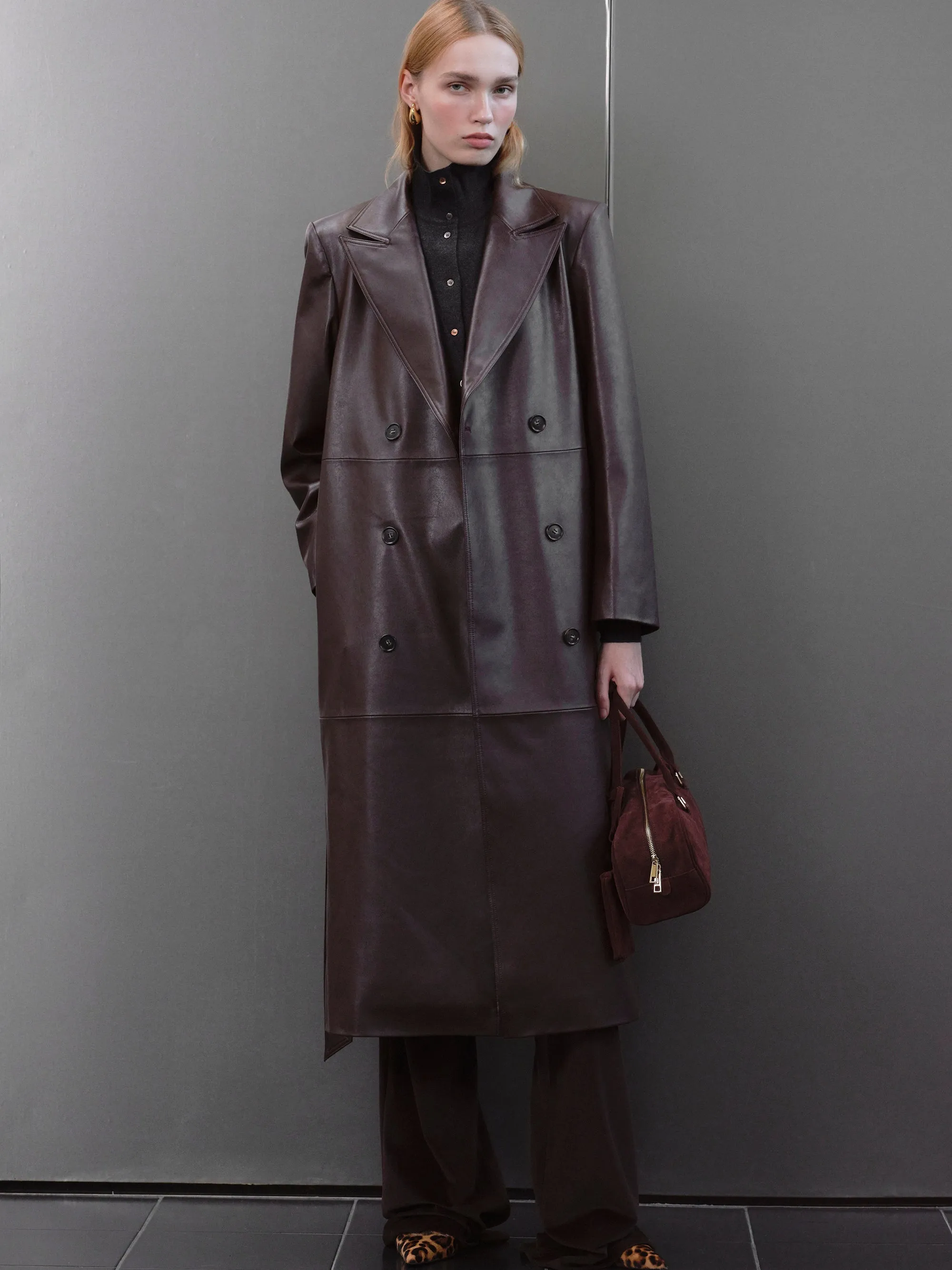 Briella Leather Trench Coat, Aubergine