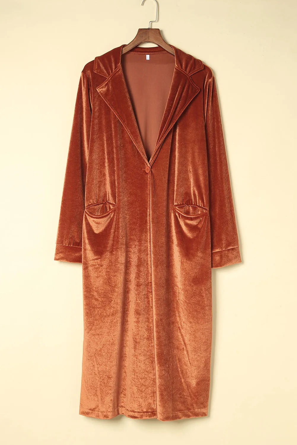 Brown Retro Velvet Long Sleeve Pocket Coat