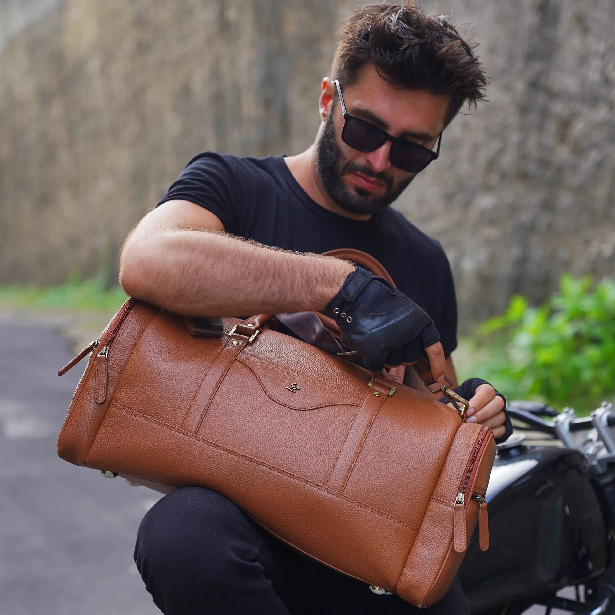 Bush Duffle Bag | Genuine Leather Travel Bag | Duffle Bag for Men | Color: Tan & Blue