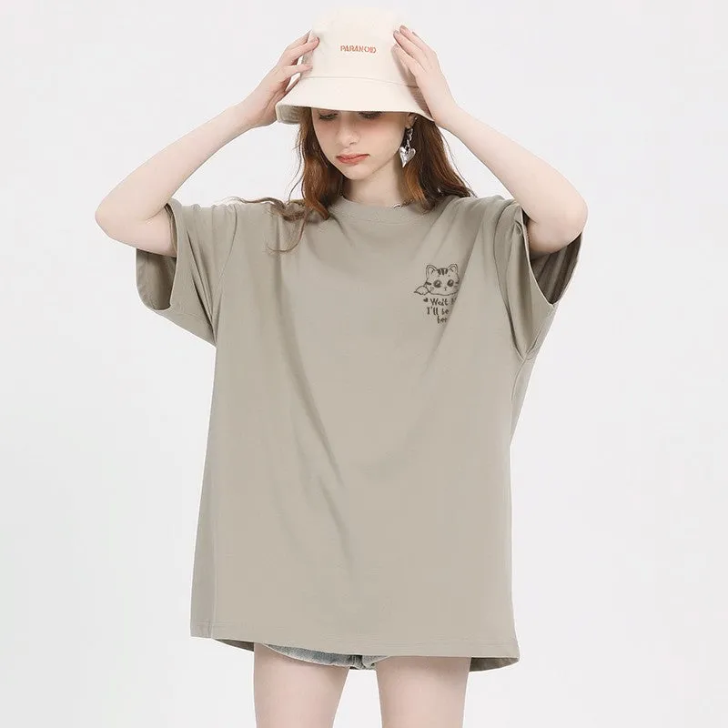 Cat print t-shirt loose fit short-sleeved coffee color pure cotton summer top