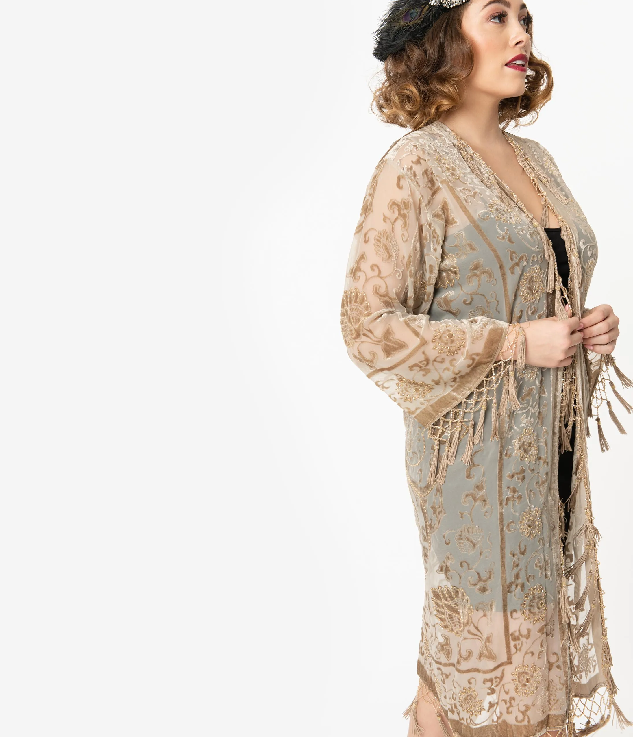 Champagne Medallion Devore Velvet Beaded Flapper Coat