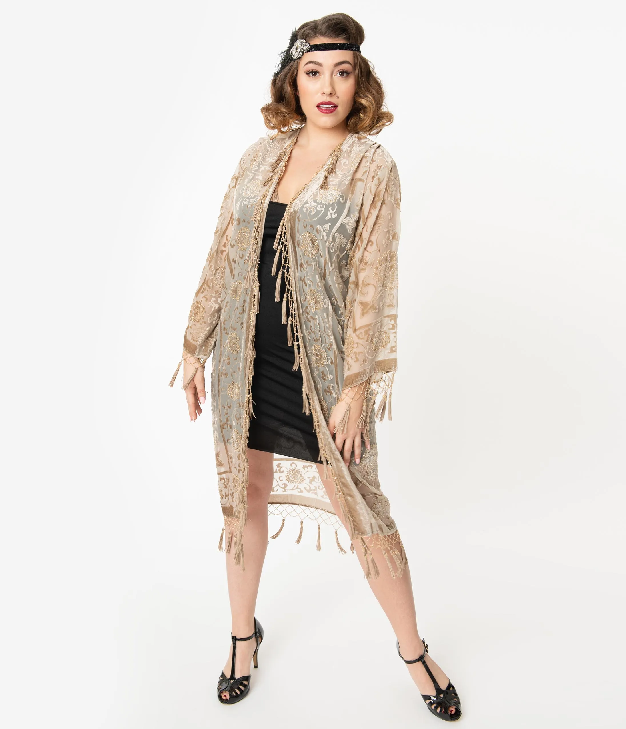 Champagne Medallion Devore Velvet Beaded Flapper Coat