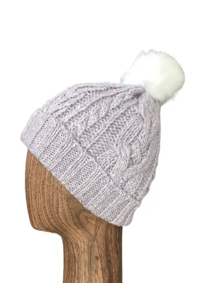 CHAOS lilac cable knit toque w/ white faux fur pom pom, 7 - 14 yrs (M/L)