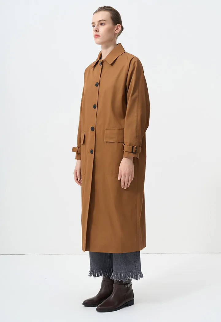 Choice Solid Flap Front Pocket Trench Coat  Brown