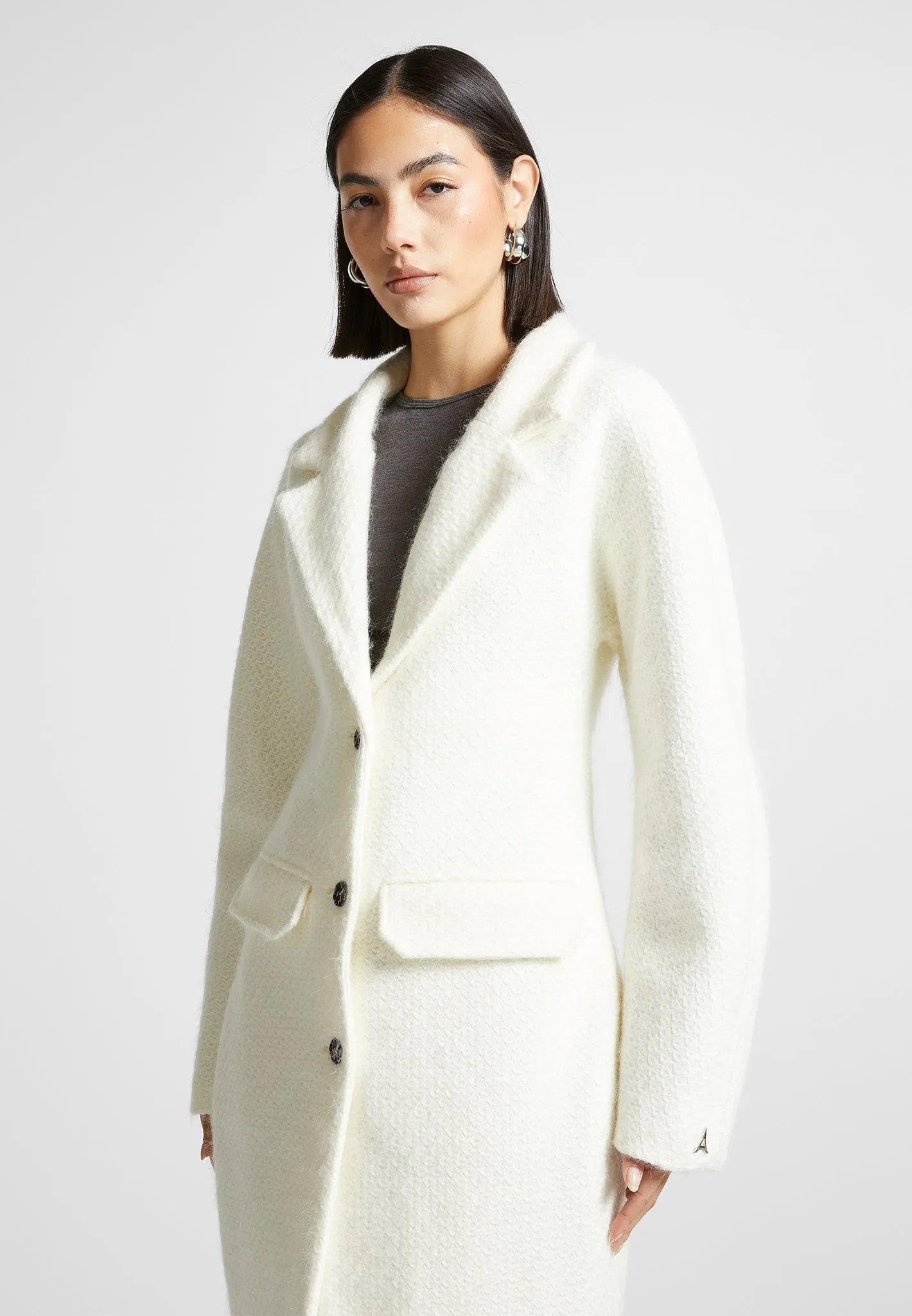 Cinch Waist Textured Knit Coat - White