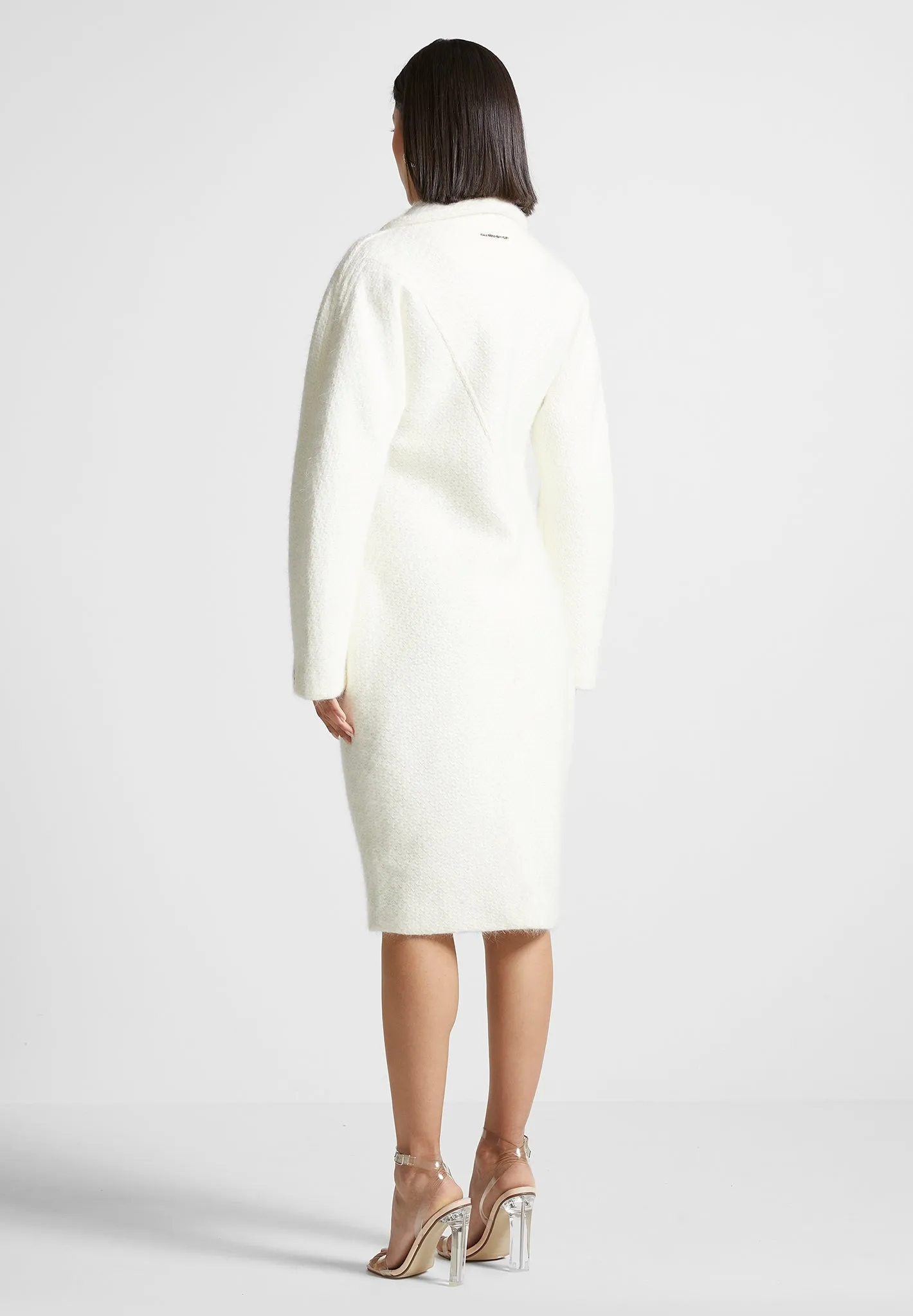 Cinch Waist Textured Knit Coat - White