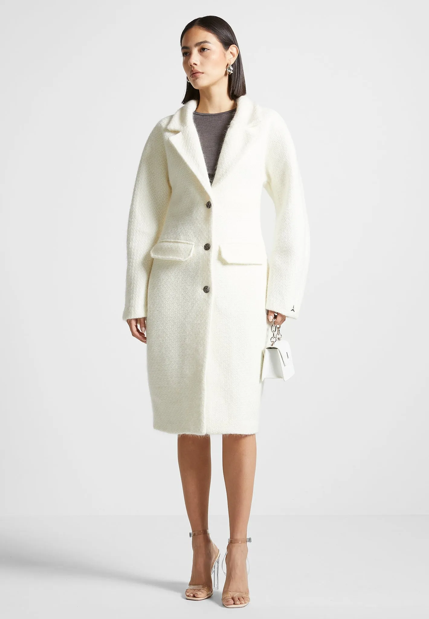 Cinch Waist Textured Knit Coat - White