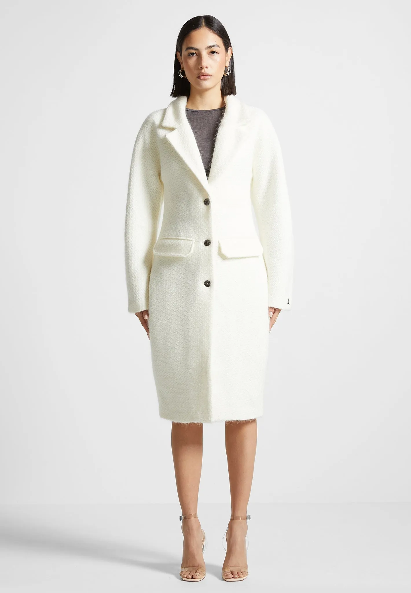 Cinch Waist Textured Knit Coat - White