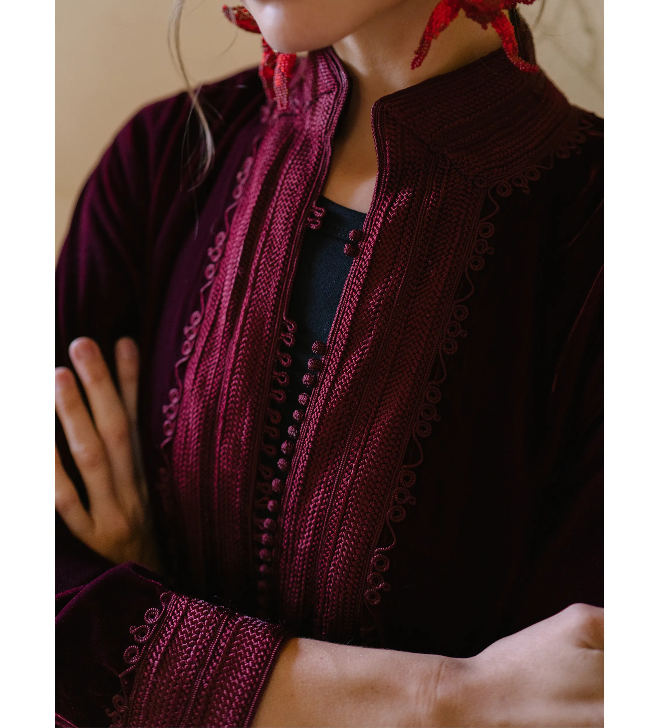 Classic Moroccan Velvet Jacket: Deep Red