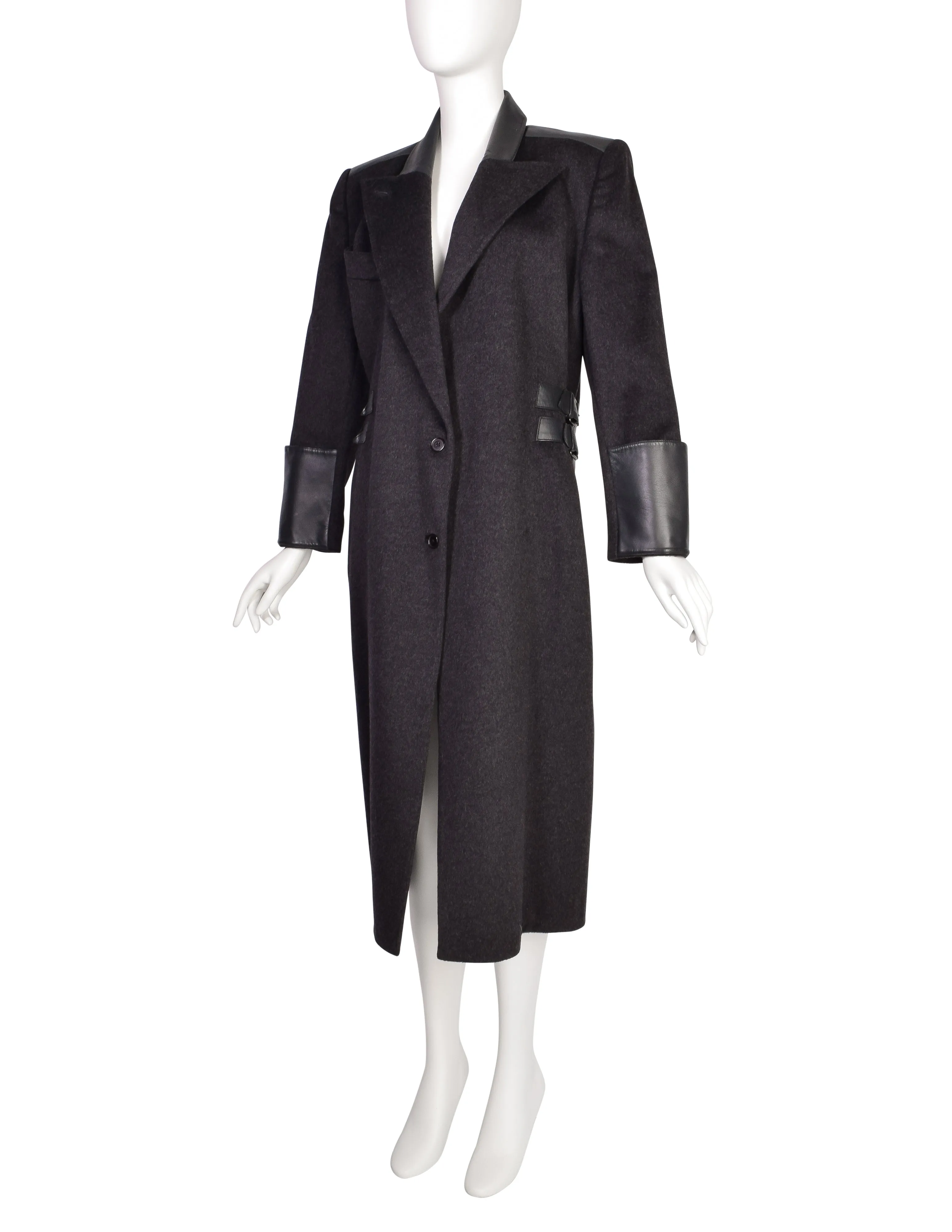 Claude Montana Vintage Dark Grey Wool Leather Buckle Coat