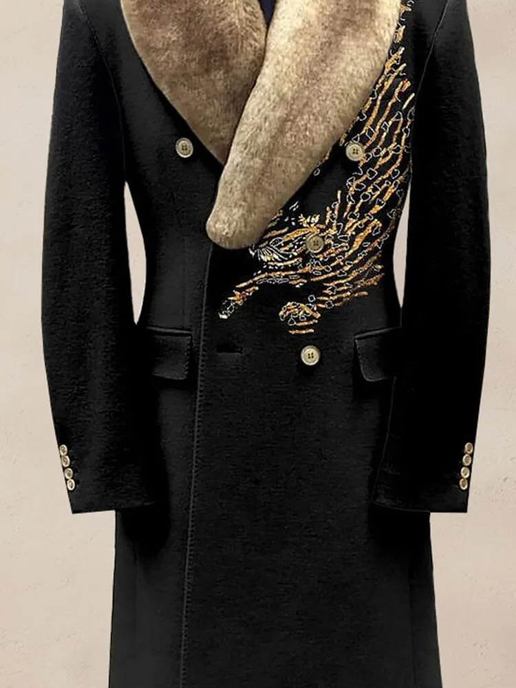 Comfy Embroidered Fur Collar Coat