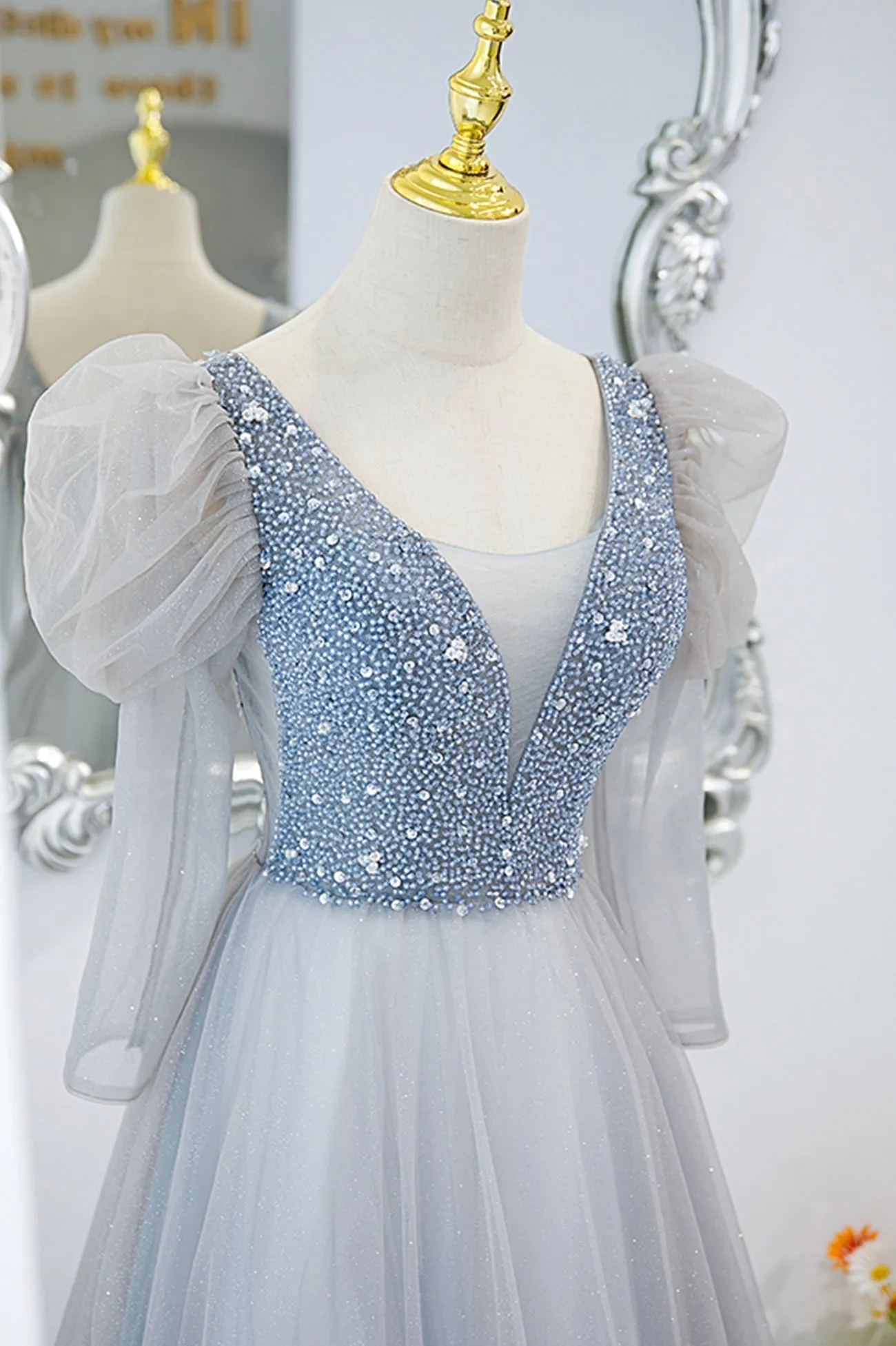 Cute V-Neck Tulle Beaded Long Prom Dress, Gray A-Line Evening Party Dress