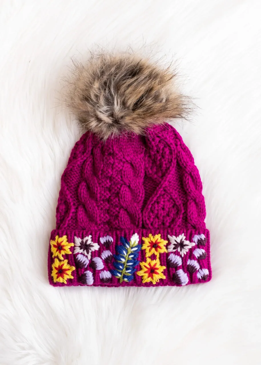 Dakota Embroidered Cable Knit Floral Pom Pom Beanie Hat