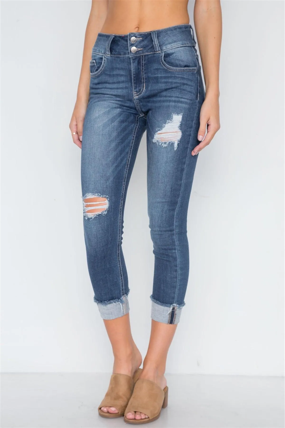 Dark Denim Cuffed Hem Mid Rise Skinny Jeans