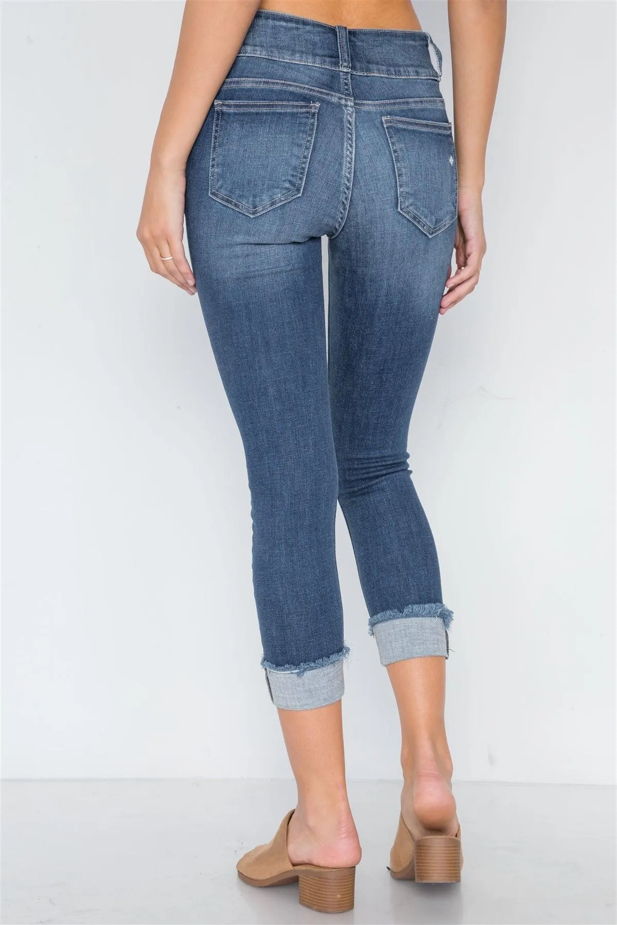 Dark Denim Cuffed Hem Mid Rise Skinny Jeans