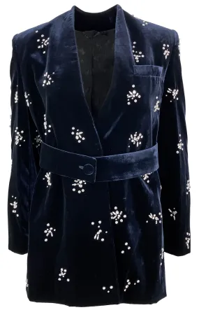 Del Core Exclusive Crystal-Embellished Velvet Jacket in Deep Blue