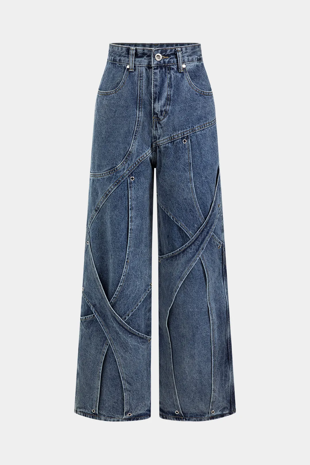 Denim Button Pocket Crossed Patchwork Straight Leg Jeans