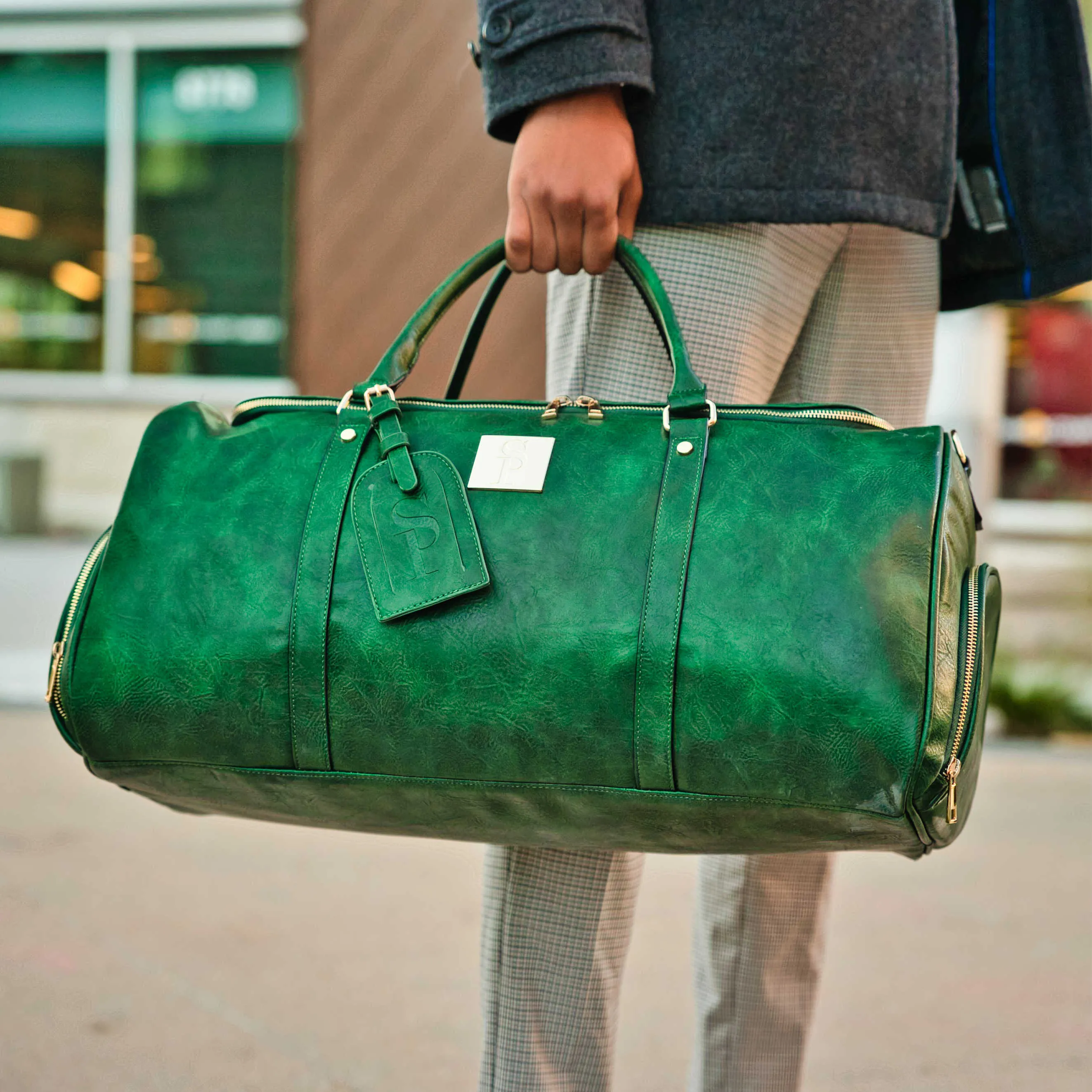 Emerald Green Tumbled Leather 2 Bag Set (Commuter Backpack and Duffle)