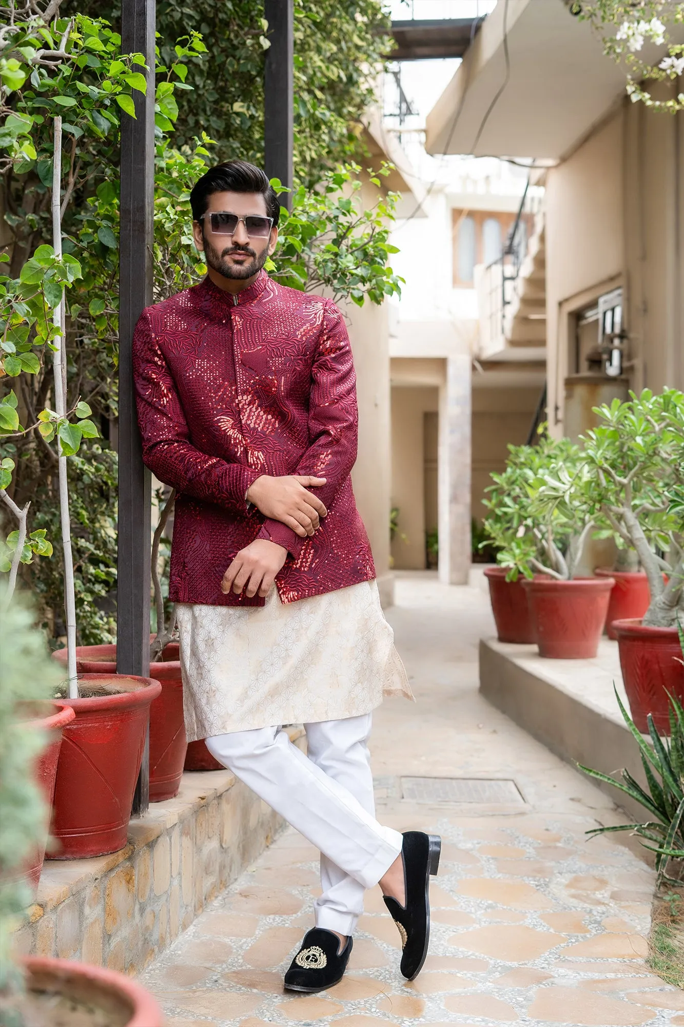 ER 2093 Maroon Nehru Jacket Prince Coat wedding