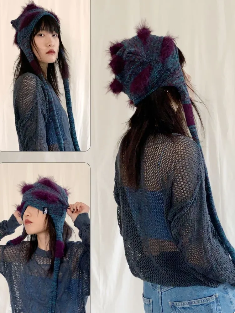 F4NFAN Denim Blue&Purple Handmade Sea Urchin Beanie