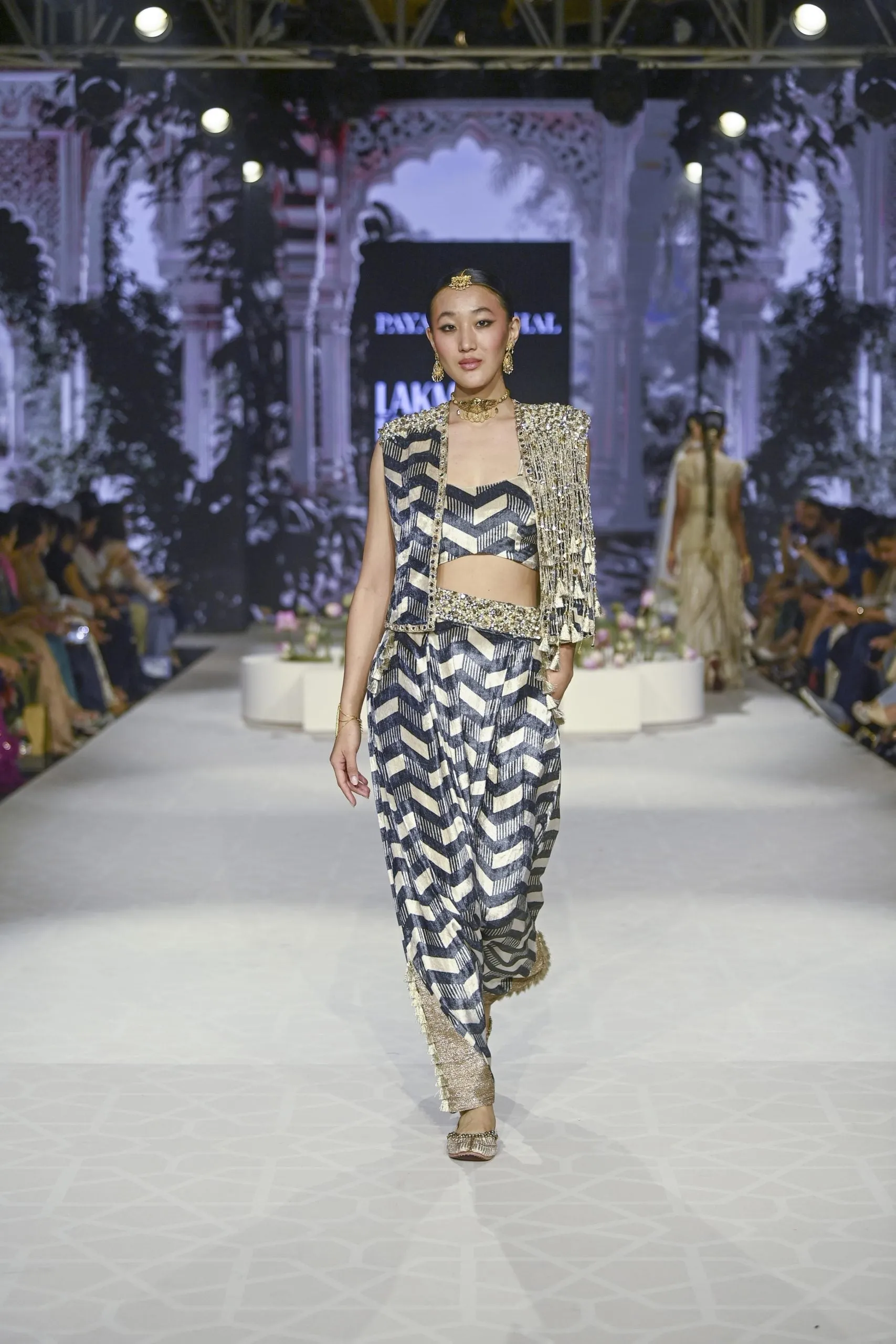 Fida Ladder Print Waist Coat With Bustier And Low Crotch Pant